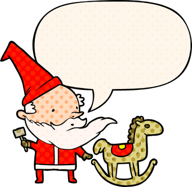 karikatür noel baba (veya elf) bir insan tarafından çizilen çizgi roman tarzında konuşma baloncuğu ile sallanan bir at yapıyor.