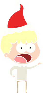 Bir insan tarafından çizilmiş Noel Baba şapkası giyen şok olmuş bir adamın düz renkli çizimi.