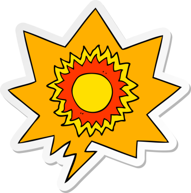 Bir insan tarafından çizilmiş balon çıkartmalı karikatür güneşi.