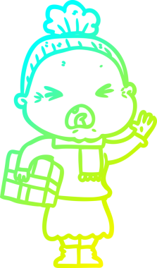 Bir insan tarafından çizilmiş kızgın yaşlı bir kadının soğuk çizgi çizimi.