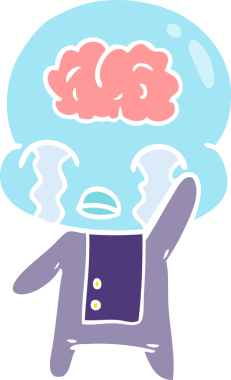 Düz renkli çizgi film. Bir insan tarafından çizilmiş büyük beyinli uzaylı ağlaması.