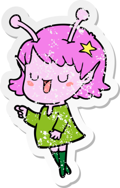 Bir insan tarafından çizilmiş mutlu uzaylı kız çizgi filminin sıkıntılı çıkartması.