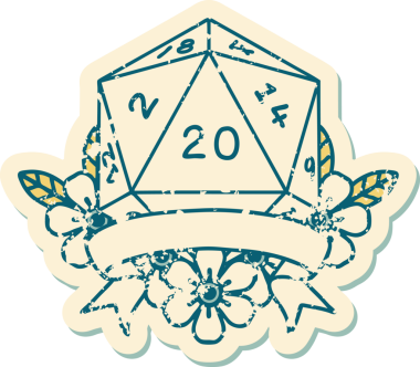 Retro Dövme Biçimi Doğal 20 kritik vuruş D20 zar bir insan tarafından çizildi