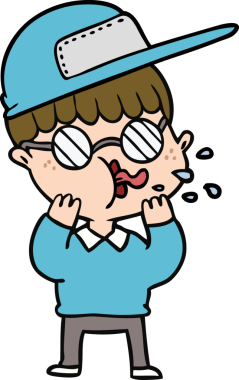 Bir insan tarafından çizilmiş gözlüklü ve şapkalı çizgi film çocuğu.