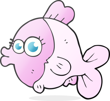 Bir insan tarafından çizilmiş büyük, güzel gözleri olan çizgili karikatür balığı.