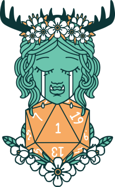 Retro Dövme Tarzı Hüzünlü Yarı Ork Druid Karakteri Bir zar bir insan tarafından çizilmiş