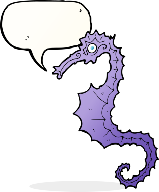 Bir insan tarafından çizilmiş konuşma balonlu deniz atı çizgi filmi.