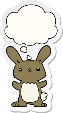 Bir insan tarafından çizilmiş bir çıkartma gibi düşünce balonlu şirin çizgi film tavşanı.