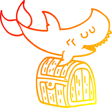 Bir insan tarafından çizilmiş hazine sandığının üzerinde yüzen bir köpek balığının sıcak çizgi çizimi.