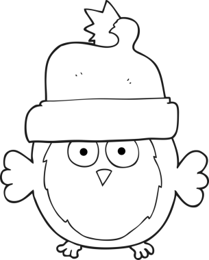 Bir insan tarafından çizilmiş Noel şapkası giyen siyah beyaz bir baykuş çizildi.