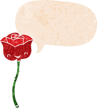 Bir insan tarafından çizilmiş grunge sıkıntılı retro tarzı ile konuşma baloncuğu ile çizgi film gül