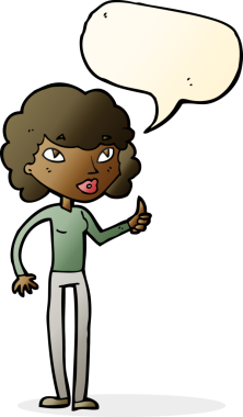 Bir insan tarafından çizilmiş konuşma baloncuğuyla baş parmak işareti yapan çizgi film kadını.