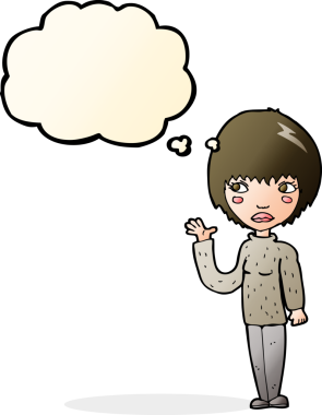 Bir insan tarafından çizilmiş düşünce baloncuğuyla el sallayan çizgi film kadını.