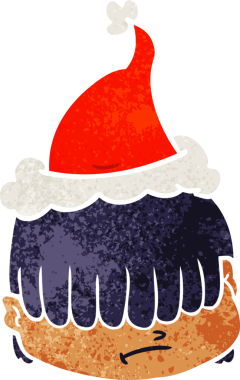 Bir insan tarafından çizilmiş Noel Baba şapkası giymiş, saçı gözünün üzerinde olan eski bir yüz karikatürü.