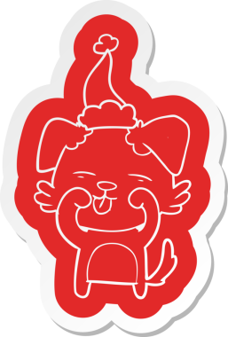 Bir insan tarafından çizilmiş Noel Baba şapkası takan bir köpeğin garip çizgi film çıkartması.