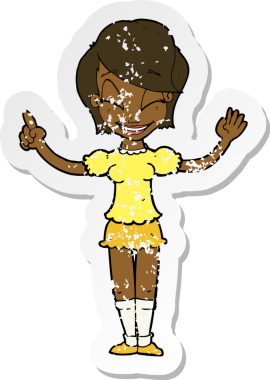 Bir insan tarafından çizilmiş, karikatürlü, kederli, güzel bir kızın retro yapıştırması.