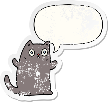 Konuşma baloncuğu olan çizgi film kedisi bir insan tarafından çizilmiş sıkıntılı eski bir çıkartma