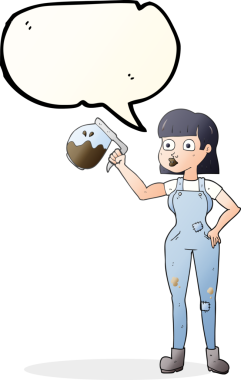 Bir insan tarafından çizilmiş kahve eşofmanlı, serbest konuşma balonu çizilmiş karikatür kadın.