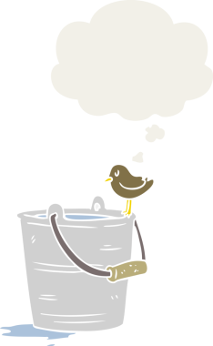 Düşünce baloncuklu çizgi film kovası insan tarafından çizilmiş.