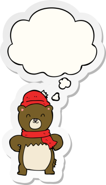 İnsan tarafından çizilmiş bir çıkartma gibi düşünce baloncuğu olan sevimli çizgi film ayısı.