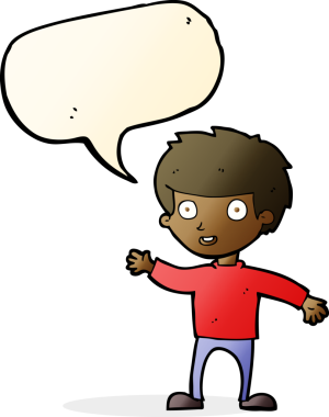 Bir insan tarafından çizilmiş konuşma balonu olan mutlu bir çocuk.