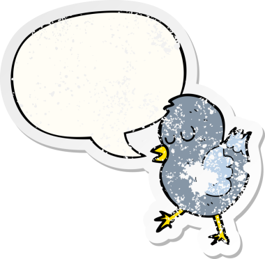 Konuşma baloncuğu olan çizgi film kuşu, bir insan tarafından çizilmiş sıkıntılı eski bir çıkartma.