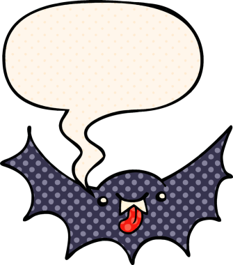Bir insan tarafından çizilmiş çizgi roman tarzında konuşma balonu olan vampir yarasa çizgi filmi.