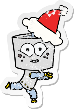 Bir insan tarafından çizilmiş Noel Baba şapkası takan bir robotun çizilmiş mutlu el yazısı.