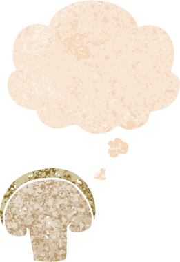 Düşünce baloncuklu çizgi film mantarı dilimi bir insan tarafından çizilmiş dertli retro desenli