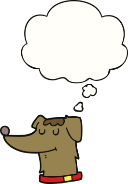 Bir insan tarafından çizilmiş düşünce baloncuklu çizgi film köpeği.