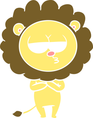 Bir insan tarafından çizilmiş düz renkli çizgi film yorgun aslan