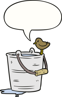 Bir insan tarafından çizilmiş konuşma baloncuğuyla bir kova suya bakan çizgi film kuşu.