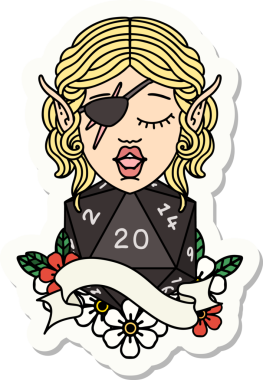 Bir insan tarafından çizilmiş doğal yirmi zarlı düzenbaz bir elf karakterinin çıkartması.