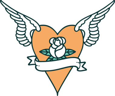 Bir insan tarafından çizilmiş çiçek ve bayrak ile uçan bir kalbin ikonik dövme görüntüsü