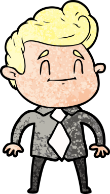 Bir insan tarafından çizilmiş ofis elbiseli mutlu çizgi film adamı.