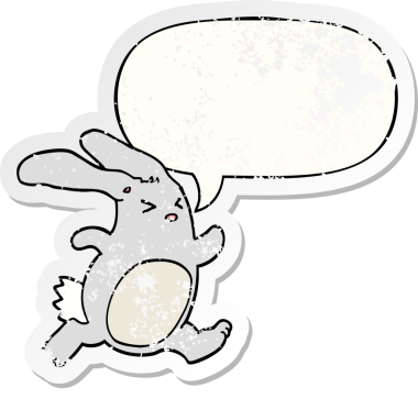 Konuşma baloncuğu olan çizgi film tavşanı bir insan tarafından çizilmiş sıkıntılı eski bir çıkartma