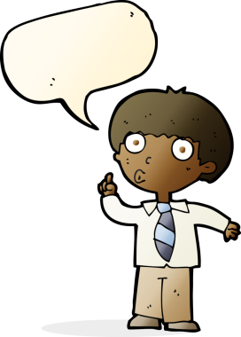 Bir insan tarafından çizilmiş konuşma balonuyla ilgili soru soran çizgi film çocuğu.