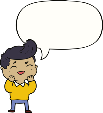 Bir insan tarafından çizilmiş konuşma balonuyla gülen çizgi film adamı.