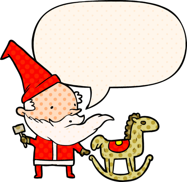 karikatür noel baba (veya elf) bir insan tarafından çizilen çizgi roman tarzında konuşma baloncuğu ile sallanan bir at yapıyor.