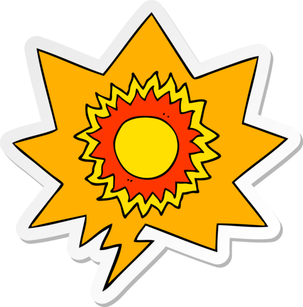 Bir insan tarafından çizilmiş balon çıkartmalı karikatür güneşi.