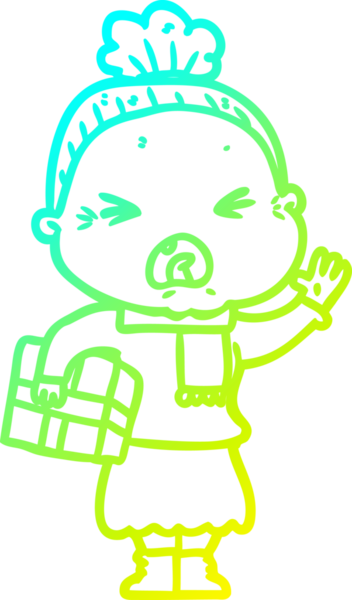 Bir insan tarafından çizilmiş kızgın yaşlı bir kadının soğuk çizgi çizimi.