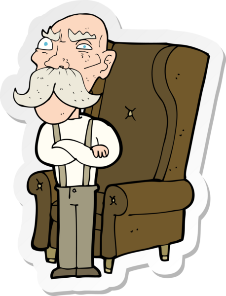 Çizgi film çıkartması. Yaşlı bir adam ve bir insan tarafından çizilmiş sandalye.