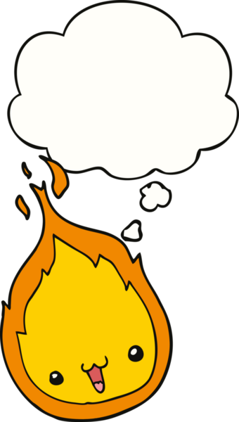 Bir insan tarafından çizilmiş düşünce baloncuklu sevimli çizgi film alevi.