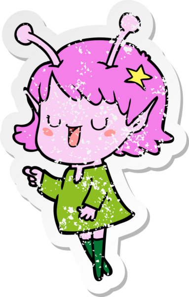 Bir insan tarafından çizilmiş mutlu uzaylı kız çizgi filminin sıkıntılı çıkartması.