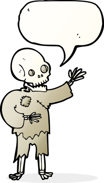 bir insan tarafından çizilmiş konuşma baloncuğuyla sallanan karikatür iskeleti