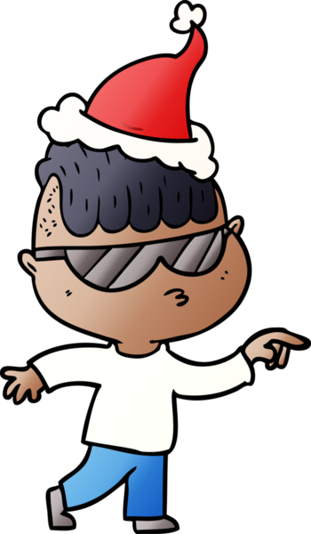 Güneş gözlüğü takan, Noel Baba şapkası takan bir çocuğun el çizimi karikatürü.