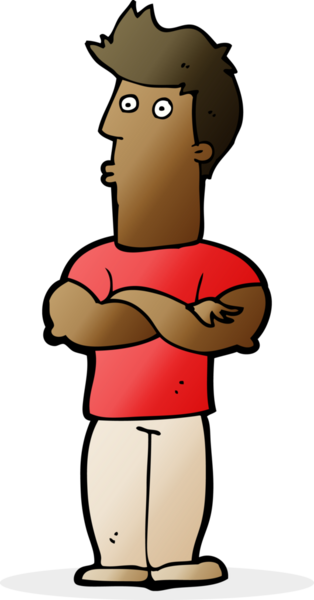 Bir insan tarafından çizilmiş kolları katlanmış çizgi film adamı.