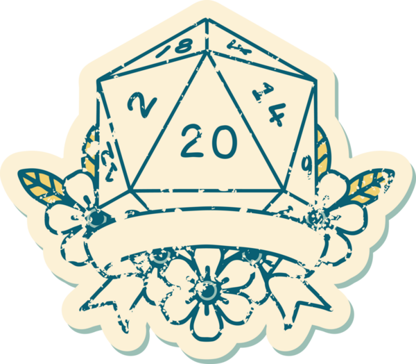 Retro Dövme Biçimi Doğal 20 kritik vuruş D20 zar bir insan tarafından çizildi