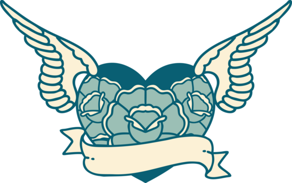 Bir insan tarafından çizilmiş çiçek ve bayrak ile uçan bir kalbin ikonik dövme görüntüsü