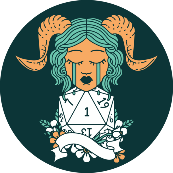 Ağlama ikonu, bir insan tarafından çizilmiş doğal bir D20 rulosuyla bağlanıyor.